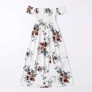 White floral summer maxi dress with an off-shoulder neckline and flowing skirt.