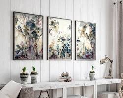Framed botanical wall art prints displayed above a console table