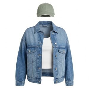 Blue denim jacket with button-front closure and front pockets.